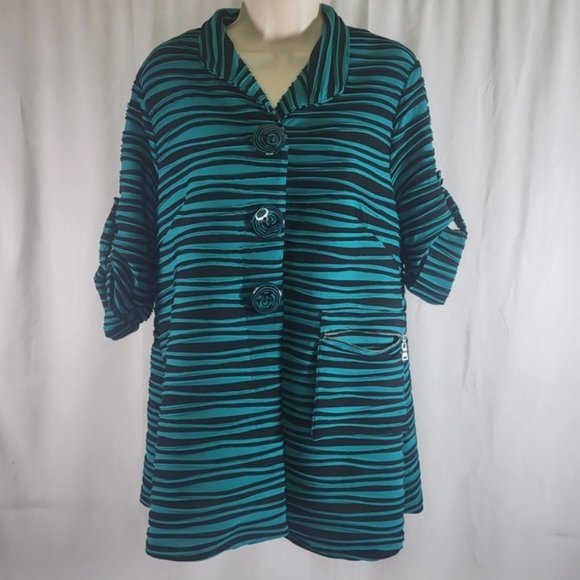 Come N See Tops - Come N See Button Green Black Striped Tunic Womens Small Jacket 